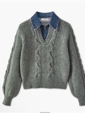 Commense Denim Panel Ribbed Lapel Sweater Size XS